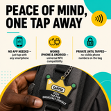 Promotional graphic for a black tactical backpack keychain with a yellow crown-shaped tag reading 'CARTER' and 'TAP FOR EMERGENCY CONTACT.' Large headline text says 'PEACE OF MIND, ONE TAP AWAY,' with icons and claims about NFC compatibility, no app needed, and privacy until tapped.