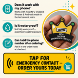 An informational product graphic for an emergency contact keychain. The image features three text callouts: 'Does it work with my phone?', 'Is it waterproof?', and 'Can I add the phone number after ordering?'.